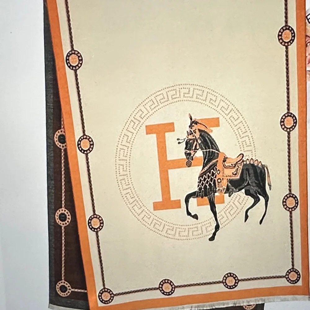 Women’s Elegant Horse Print Shawl with Orange Accents